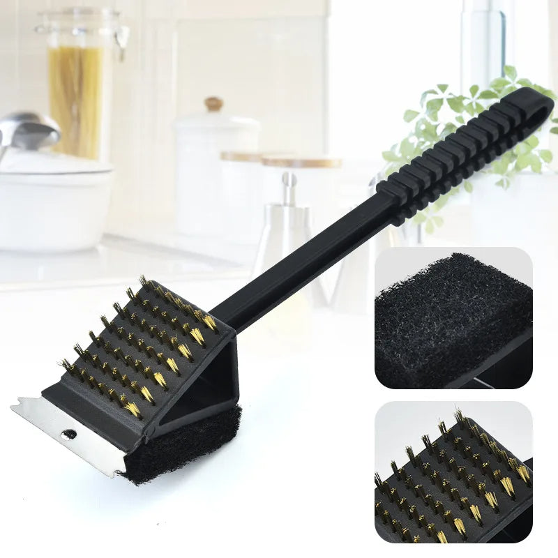 3-in-1 BBQ Grill Brush with Scraper & Sponge – Heavy-Duty Steel Bristle Grill Cleaner for Gas, Charcoal & Pellet Grills, Long Handle Barbecue Tool