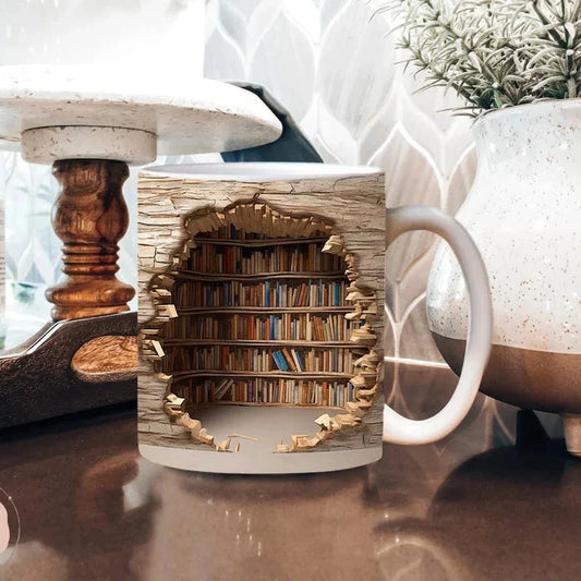 3D Library Bookshelf Coffee Mug – Novelty Book Lover Gift Mug with Hidden Inner Bookshelf Design, Available in 3 Styles