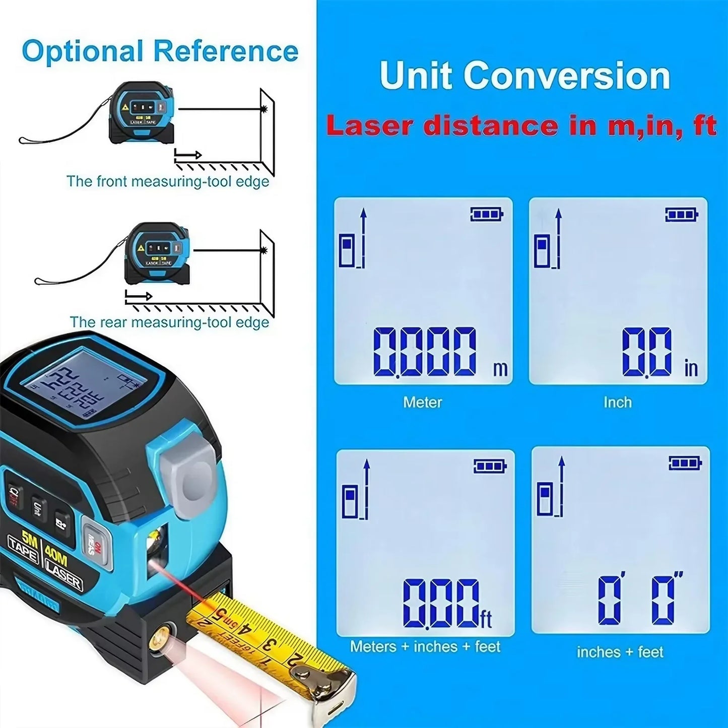 3-in-1 Laser Tape Measure 40/60M – Digital Infrared Distance Meter with Data Storage, LCD Display & Spirit Level for Construction & Home Use