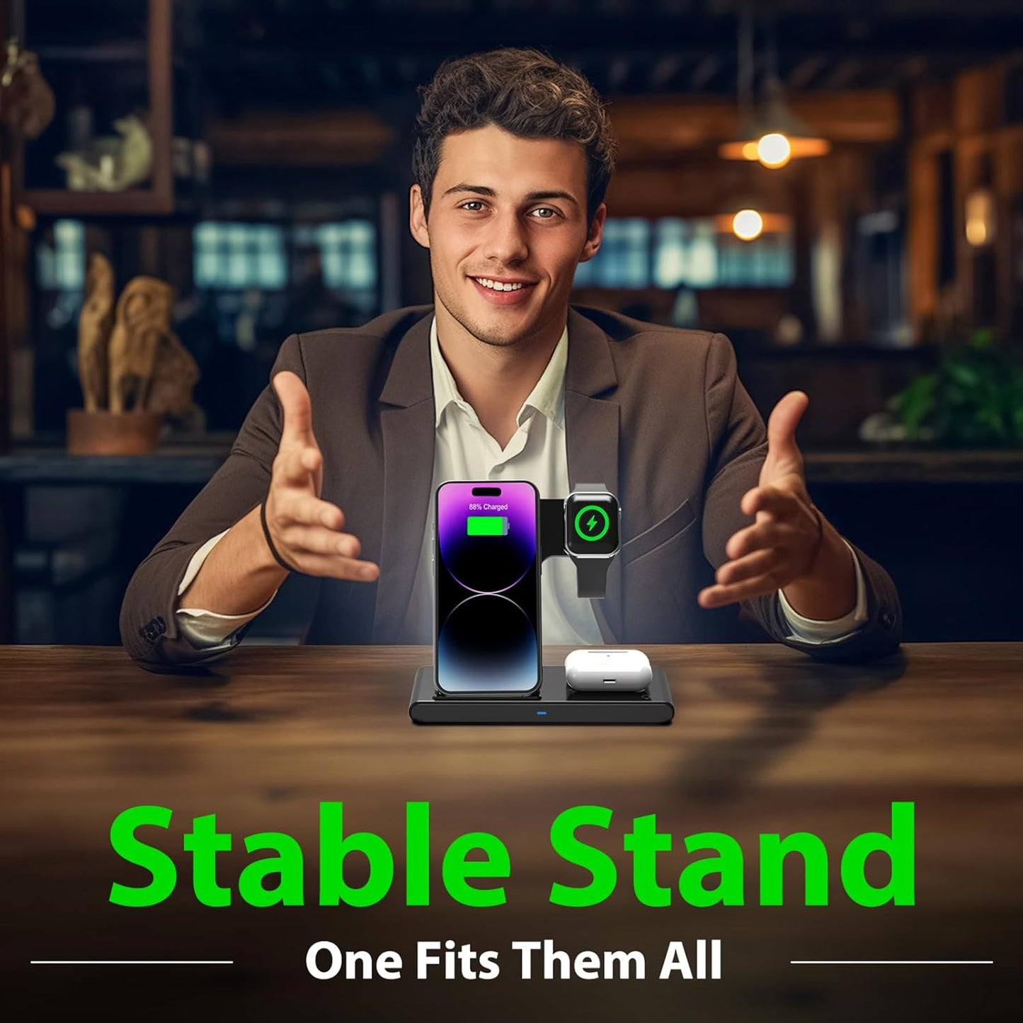 3-in-1 Wireless Fast Charger Stand – Magnetic Qi Charging Dock for Smartphones, Smartwatches & Wireless Earbuds