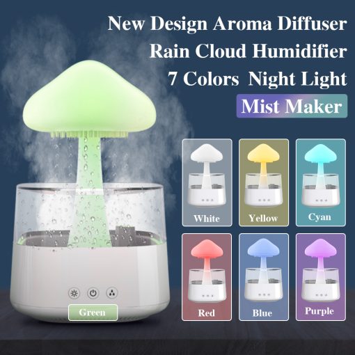 2-in-1 Rain Cloud Humidifier & Night Light – Raining Cloud Aromatherapy Essential Oil Diffuser, Zen Desk Lamp, Mushroom Atmosphere Light for Bedroom