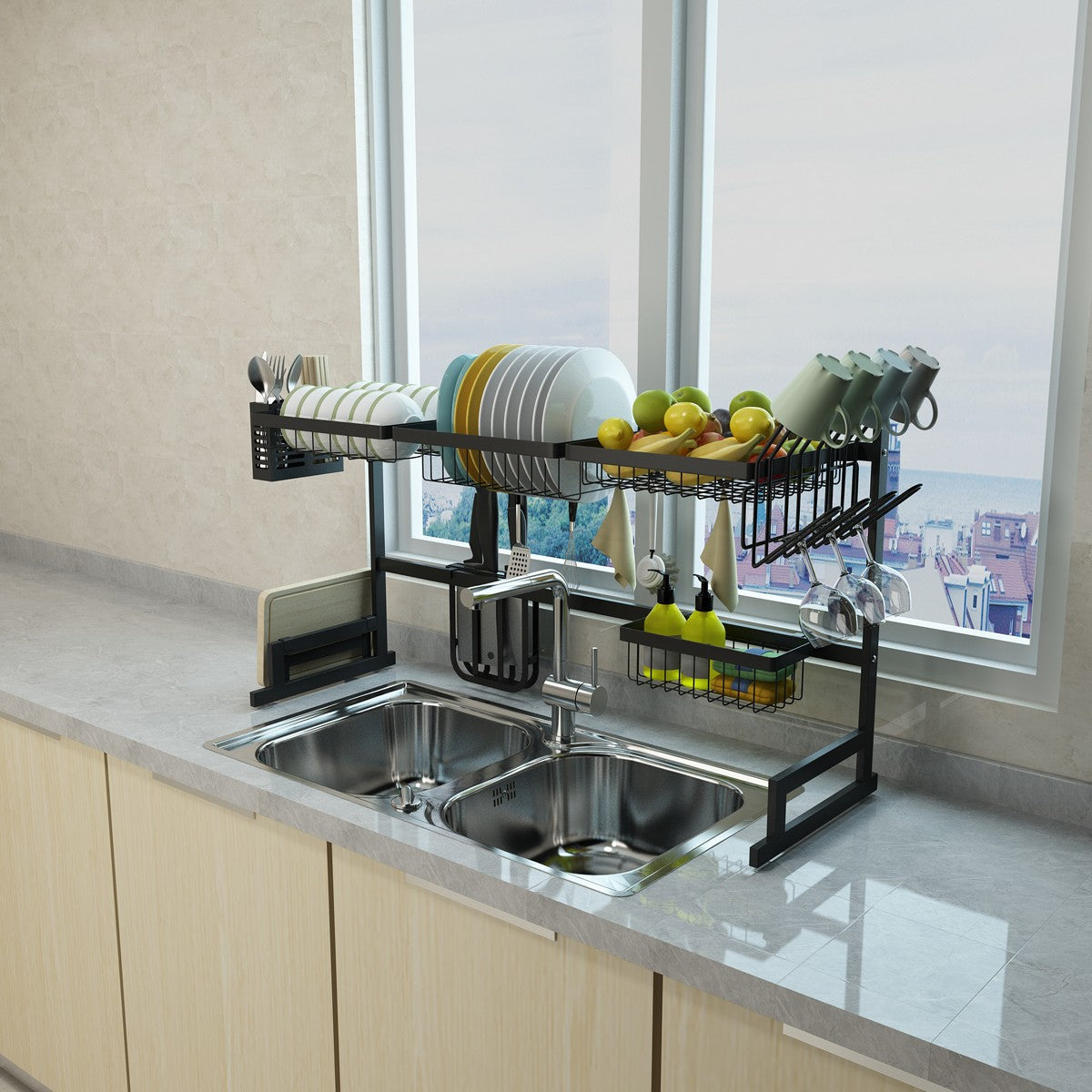 34.6" Over-Sink Stainless Steel Dish Drying Rack – 2-Tier Kitchen Sink Organizer with Drain Board, Utensil Holder & Cutting Board Slot, Space-Saving Design