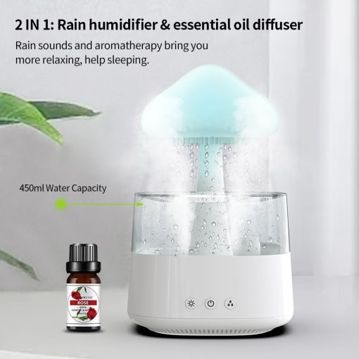2-in-1 Rain Cloud Humidifier & Night Light – Raining Cloud Aromatherapy Essential Oil Diffuser, Zen Desk Lamp, Mushroom Atmosphere Light for Bedroom