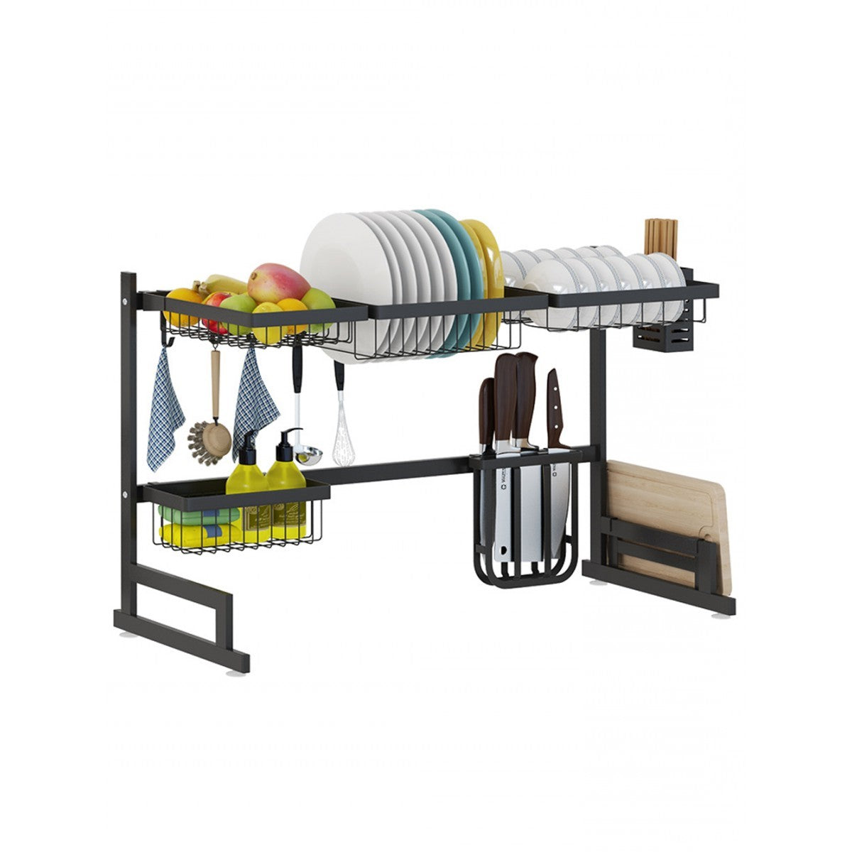 34.6" Over-Sink Stainless Steel Dish Drying Rack – 2-Tier Kitchen Sink Organizer with Drain Board, Utensil Holder & Cutting Board Slot, Space-Saving Design