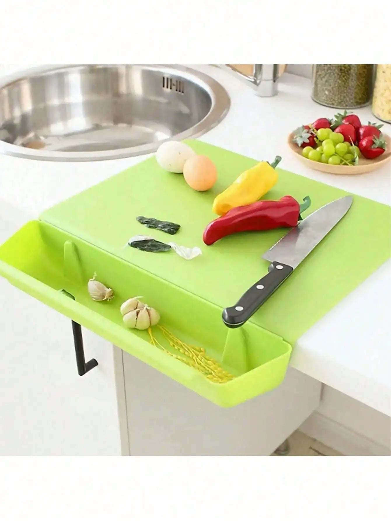 2-in-1 Cutting Board with Attached Storage Container Tray – Slide & Catch Food Prep Board with Drawer for Kitchen Vegetables, Meat & Ingredients