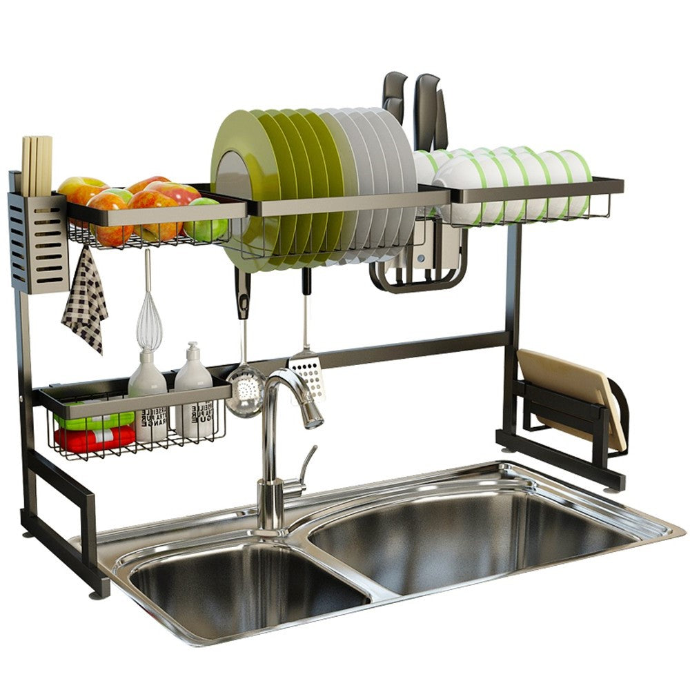 34.6" Over-Sink Stainless Steel Dish Drying Rack – 2-Tier Kitchen Sink Organizer with Drain Board, Utensil Holder & Cutting Board Slot, Space-Saving Design