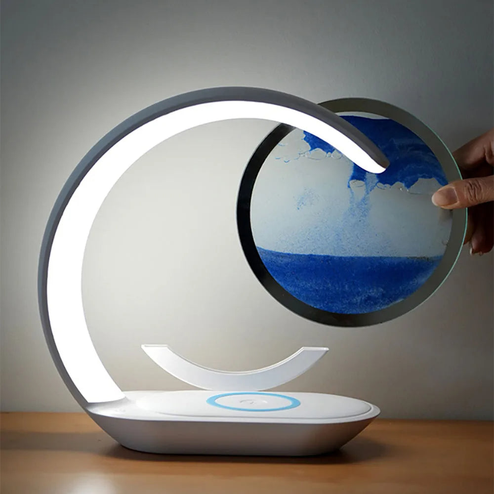 3D Sand Art Table Lamp with Wireless Charger – Hourglass Sand Painting Night Light with Qi Charging Pad for Bedroom Décor & Relaxation