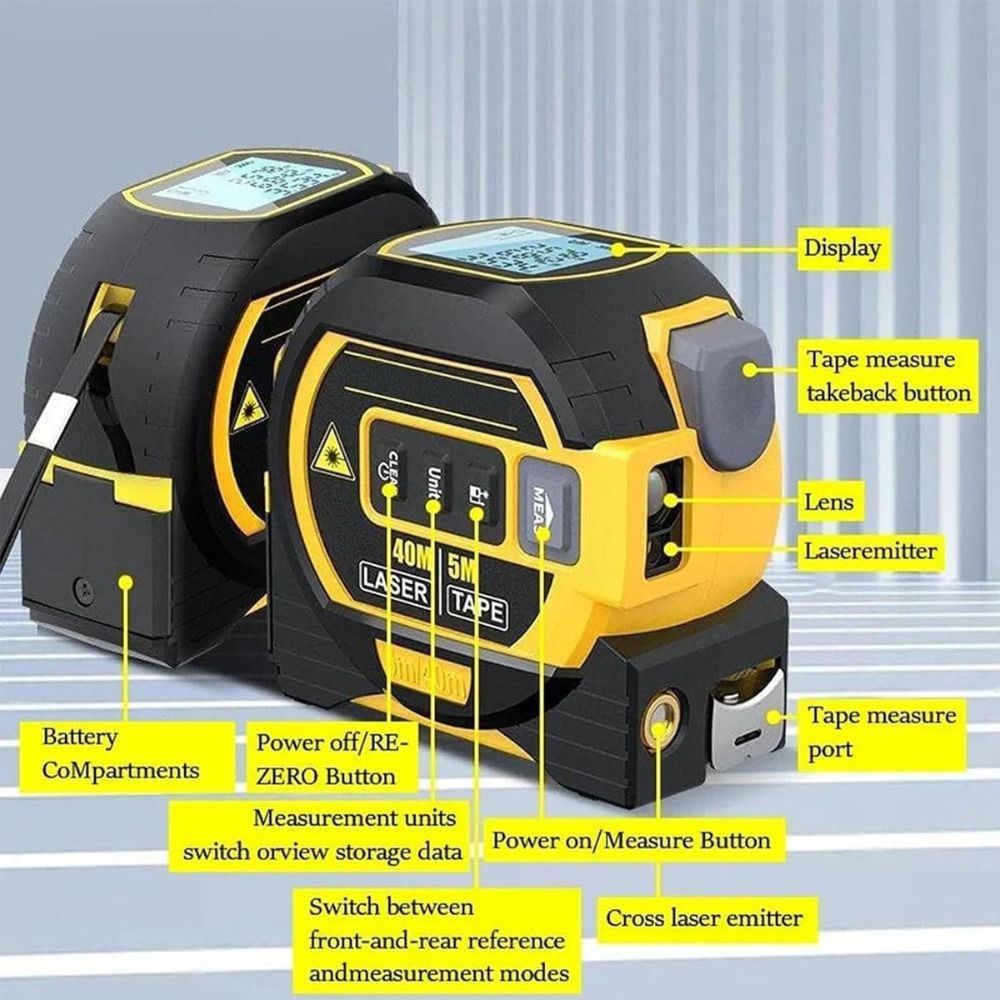 3-in-1 Laser Tape Measure – Digital LCD Infrared Distance Meter with Tape Rule & Spirit Level, 131FT/197FT Range for Construction & Home Measuring