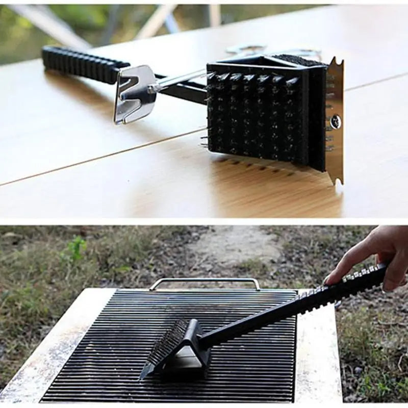 3-in-1 BBQ Grill Brush with Scraper & Sponge – Heavy-Duty Steel Bristle Grill Cleaner for Gas, Charcoal & Pellet Grills, Long Handle Barbecue Tool