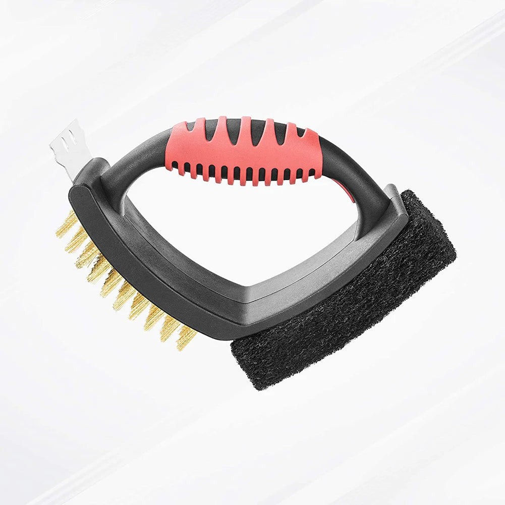 3-in-1 BBQ Grill Brush with Brass Bristles & Scraper – Safe Wire-Free Grill Cleaner for Gas, Charcoal & Porcelain Grates, Rust-Proof Barbecue Tool