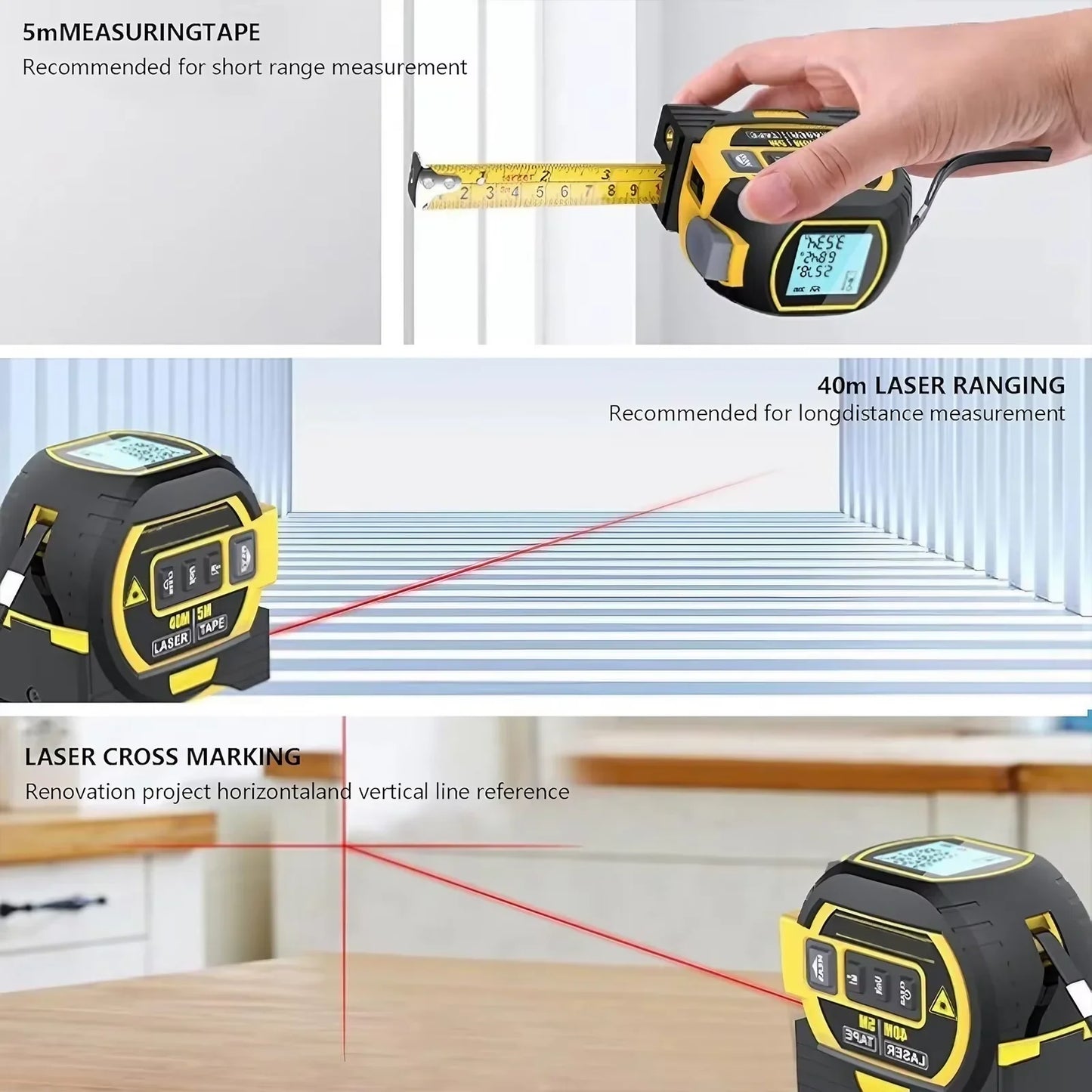 3-in-1 Laser Tape Measure 40/60M – Digital Infrared Distance Meter with Data Storage, LCD Display & Spirit Level for Construction & Home Use