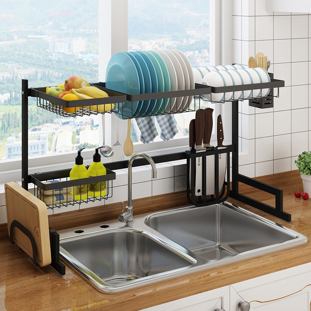 34.6" Over-Sink Stainless Steel Dish Drying Rack – 2-Tier Kitchen Sink Organizer with Drain Board, Utensil Holder & Cutting Board Slot, Space-Saving Design