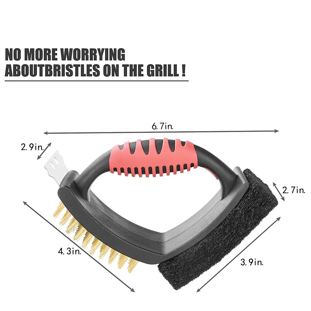 3-in-1 BBQ Grill Brush with Brass Bristles & Scraper – Safe Wire-Free Grill Cleaner for Gas, Charcoal & Porcelain Grates, Rust-Proof Barbecue Tool