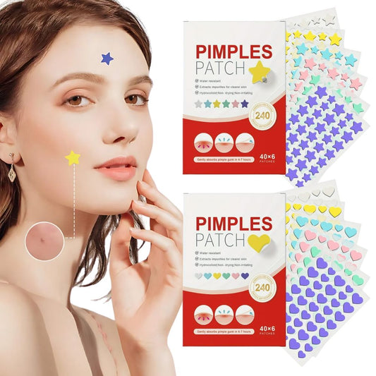 240 Pcs Colorful Cute Pimple Patches – Hydrocolloid Acne Patches in Star & Heart Shapes, Invisible Blemish Stickers for Face, Skincare Treatment
