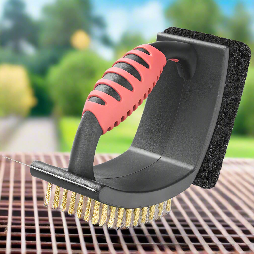3-in-1 BBQ Grill Brush with Brass Bristles & Scraper – Safe Wire-Free Grill Cleaner for Gas, Charcoal & Porcelain Grates, Rust-Proof Barbecue Tool