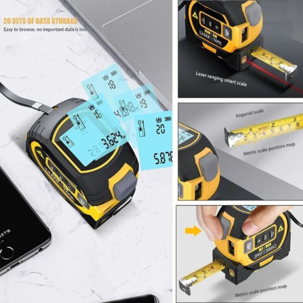 3-in-1 Digital Infrared Laser Tape Measure – LCD Distance Meter with Tape Rule & Bubble Level for Home DIY, Construction & Room Measurement