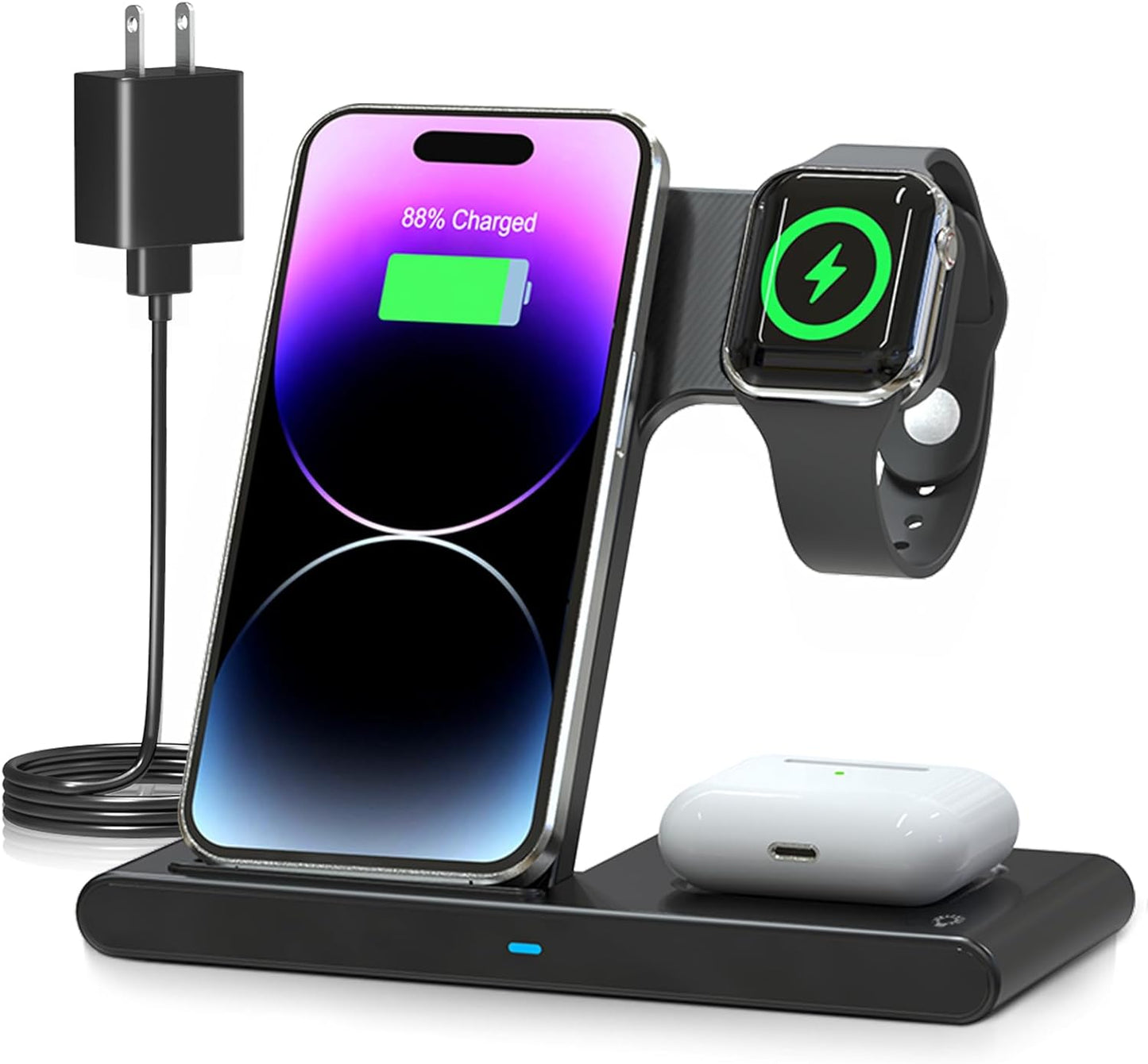 3-in-1 Wireless Fast Charger Stand – Magnetic Qi Charging Dock for Smartphones, Smartwatches & Wireless Earbuds