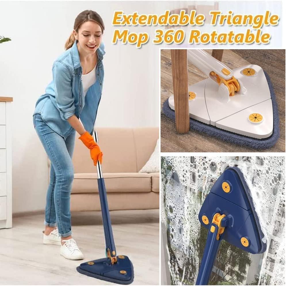 360° Triangular Spin Mop with Bucket – Self-Wringing Floor Mop for Hard Floors, Tile, Laminate & Hardwood, Microfiber Head, Blue & White