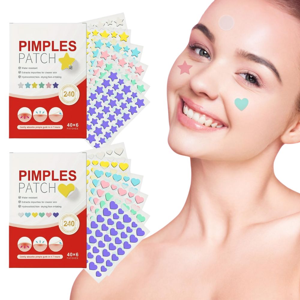 240 Pcs Colorful Cute Pimple Patches – Hydrocolloid Acne Patches in Star & Heart Shapes, Invisible Blemish Stickers for Face, Skincare Treatment