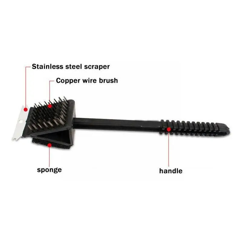 3-in-1 BBQ Grill Brush with Scraper & Sponge – Heavy-Duty Steel Bristle Grill Cleaner for Gas, Charcoal & Pellet Grills, Long Handle Barbecue Tool