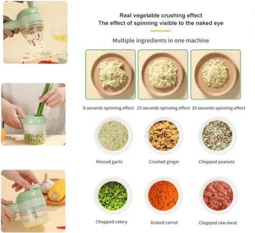 4-in-1 Wireless Electric Food Chopper Set – Handheld Rechargeable Mini Vegetable Cutter, Grinder, Blender & Slicer for Kitchen Meal Prep