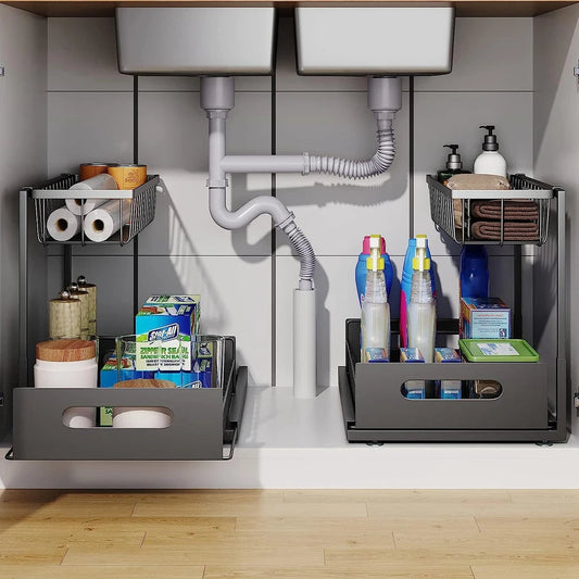 2-Tier Slide-Out Under Sink Organizer – L-Shaped Cabinet Storage Rack with Adjustable Shelves for Bathroom, Kitchen & Laundry Organization