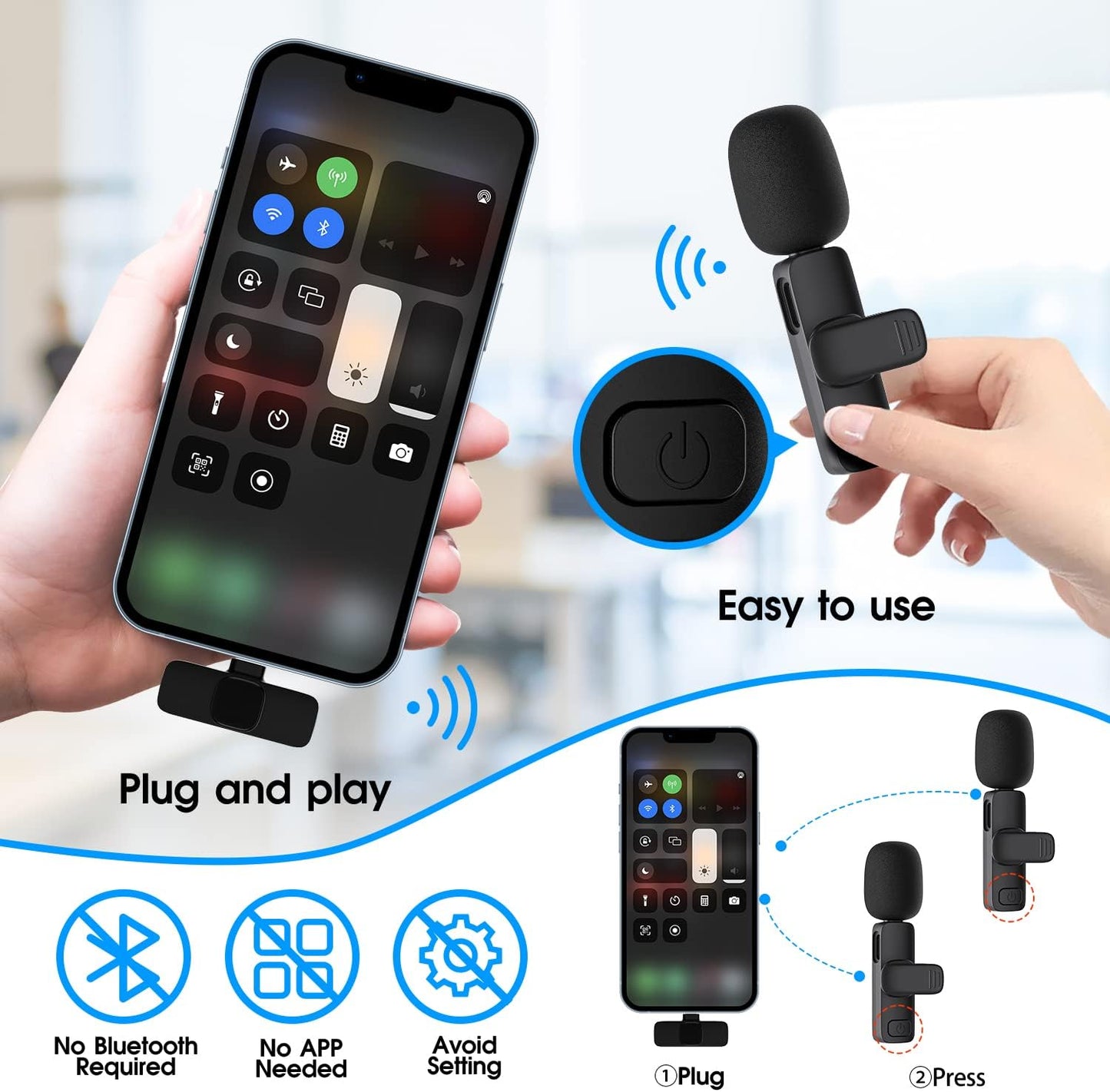 2-Pack Wireless Clip-On Lapel Microphone for Smartphones & Tablets – Mic for Content Creators, TikTok, YouTube, Vlogging, Interviews & Live Streaming