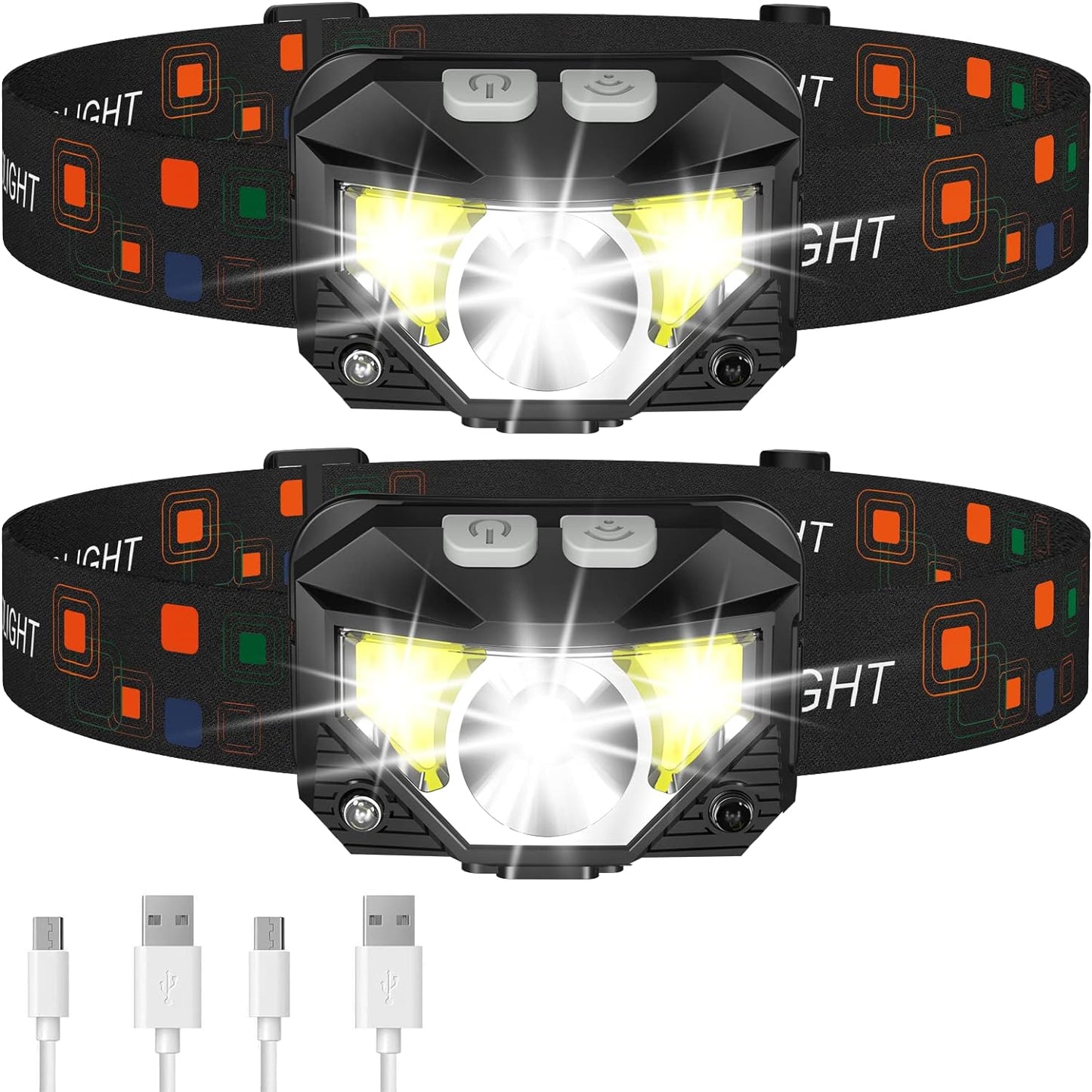 2-Pack Ultra-Bright LED Rechargeable Headlamp Flashlight – Waterproof Motion Sensor Headlight for Camping, Hiking, Running, Fishing & Emergency Use
