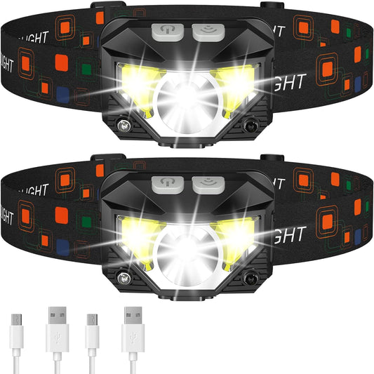 2-Pack Ultra-Bright LED Rechargeable Headlamp Flashlight – Waterproof Motion Sensor Headlight for Camping, Hiking, Running, Fishing & Emergency Use