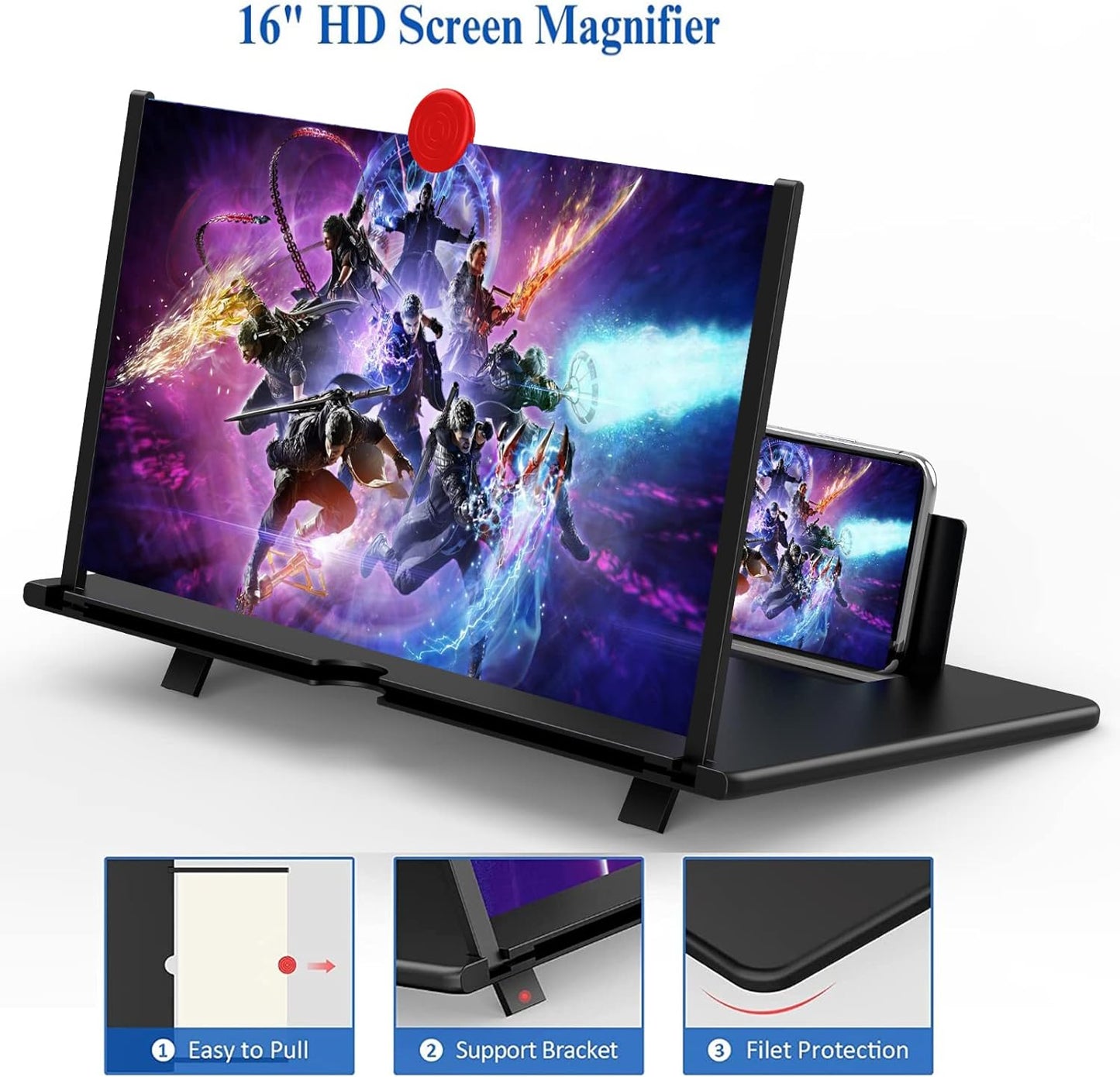 16-Inch Phone Screen Magnifier – HD 3D Movie Amplifier Stand for Smartphones, Foldable Desktop Screen Enlarger for Video Streaming & Gaming