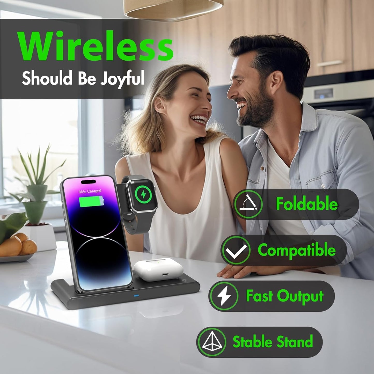 3-in-1 Wireless Fast Charger Stand – Magnetic Qi Charging Dock for Smartphones, Smartwatches & Wireless Earbuds