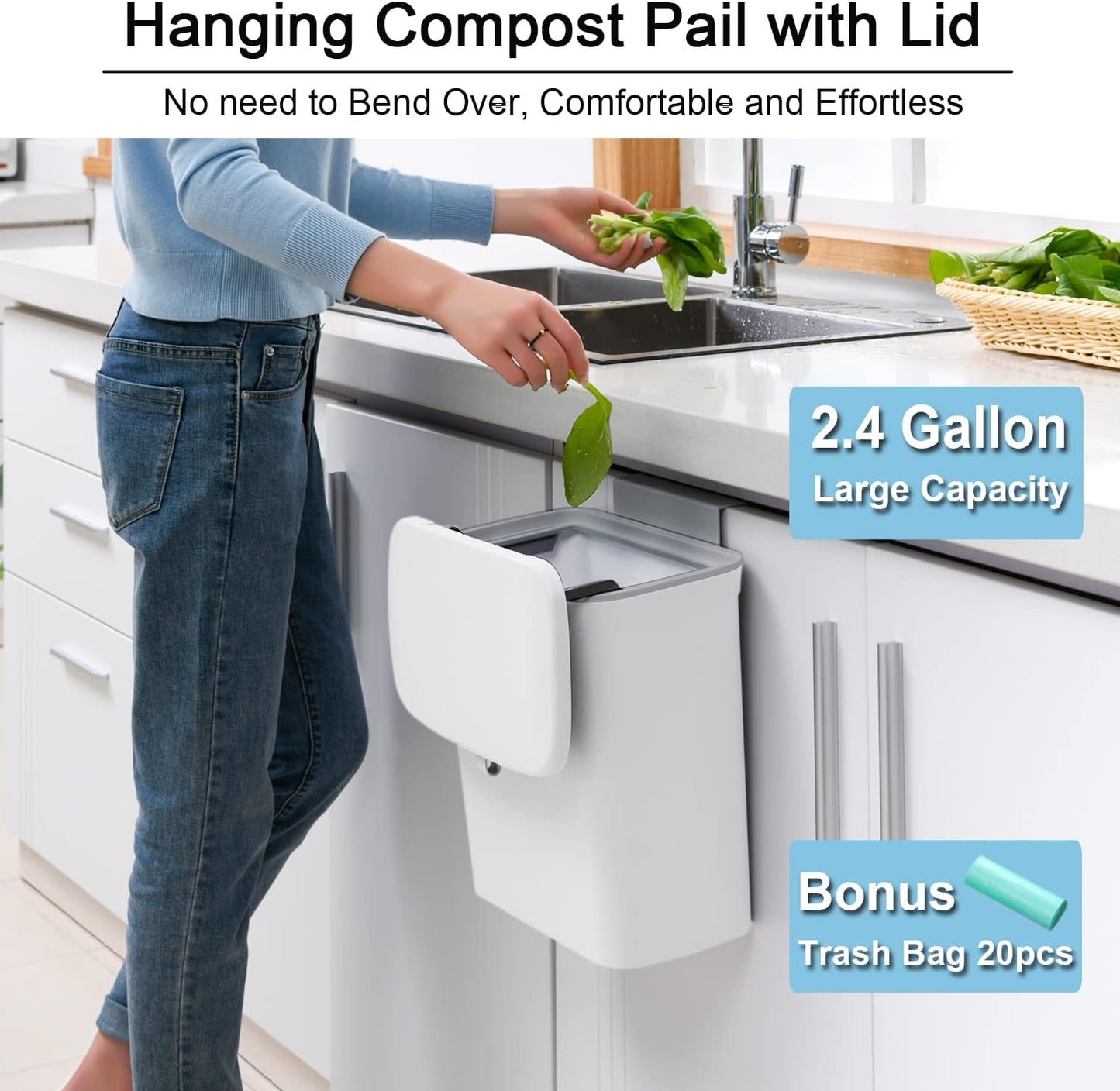 2.4 Gallon Kitchen Compost Bin – Countertop & Under Sink Indoor Compost Bucket with Activated Carbon Filter, Odor-Free Food Waste Composting