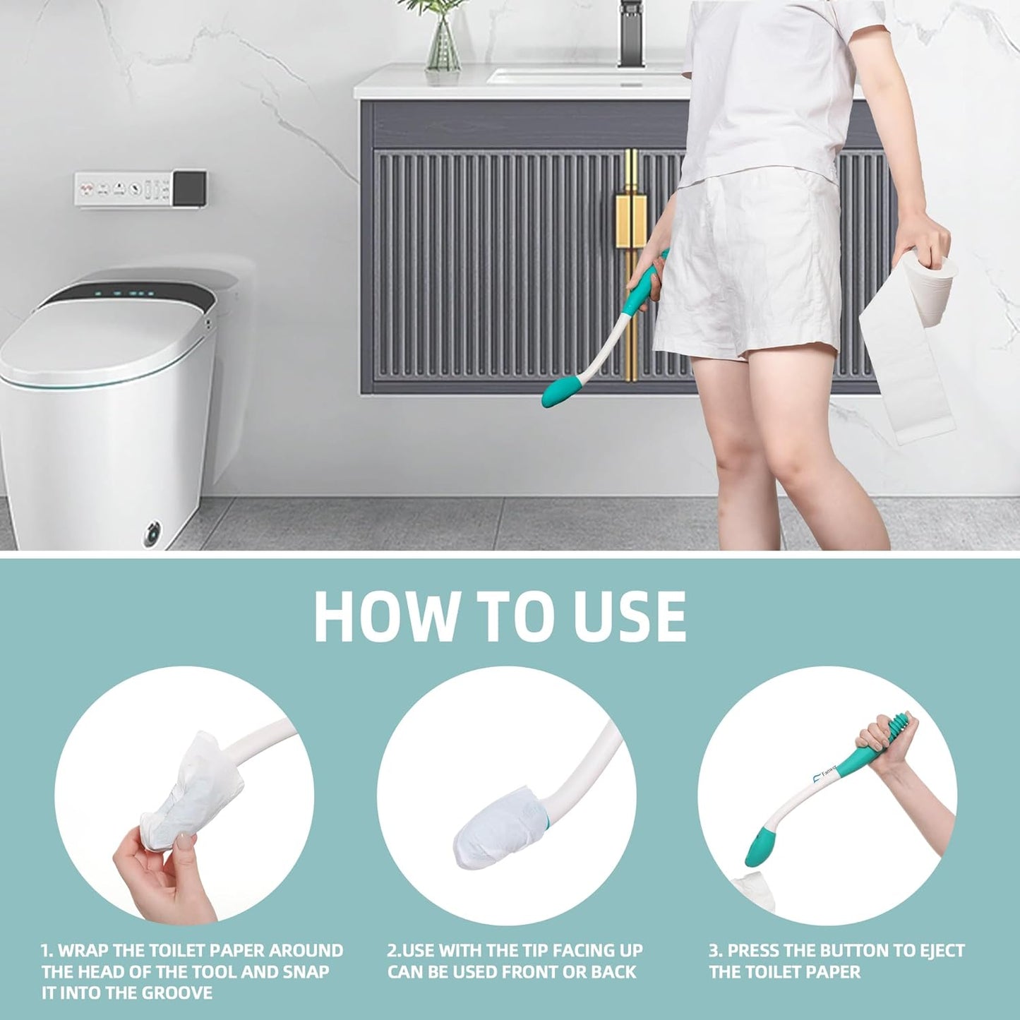2-Pack Long Reach Wiping Tool – Extendable Bathroom Hygiene Aid with Secure Tissue Gripper, Comfortable Ergonomic Grip Handle