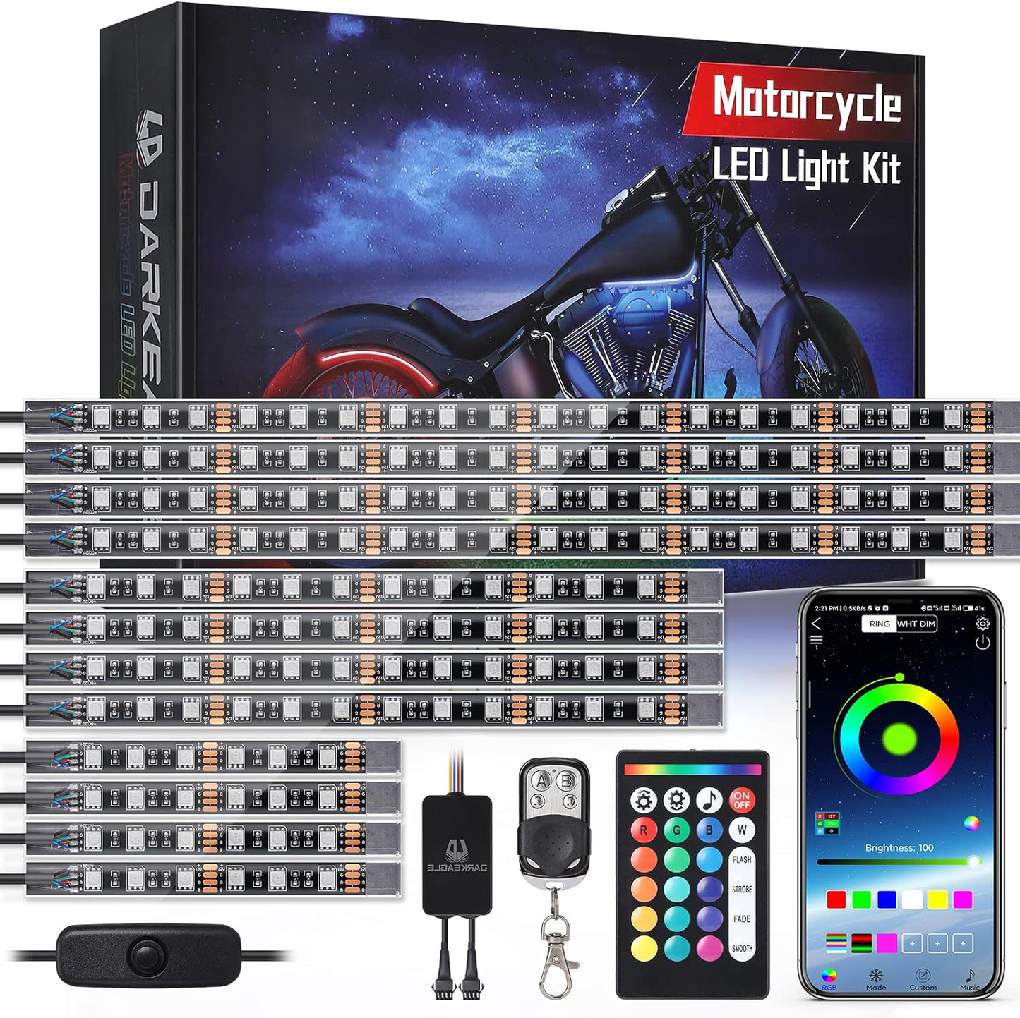 12-Piece Motorcycle LED Light Kit – RGB Underbody Glow Lights with Brake Light & Turn Signal, Waterproof App-Controlled Motorcycle Accent Lighting