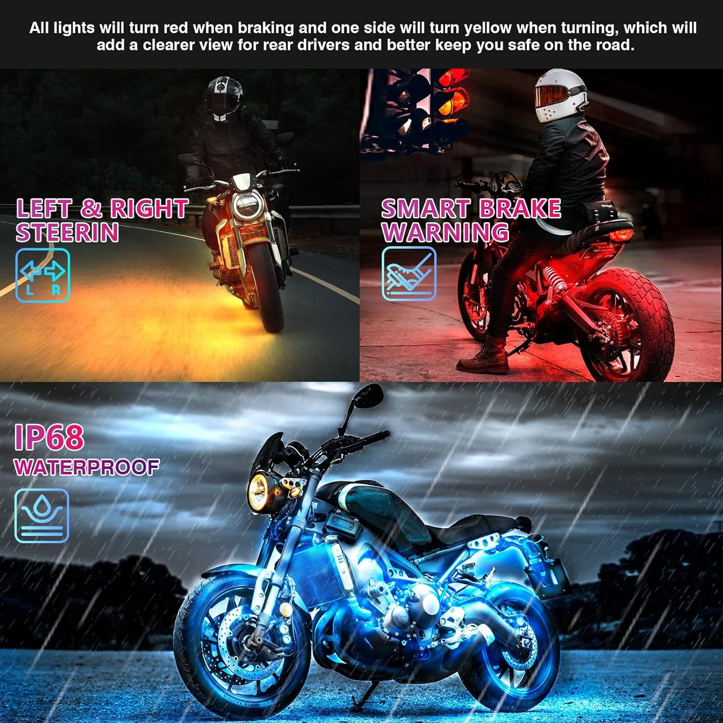 12-Piece Motorcycle LED Light Kit – RGB Underbody Glow Lights with Brake Light & Turn Signal, Waterproof App-Controlled Motorcycle Accent Lighting