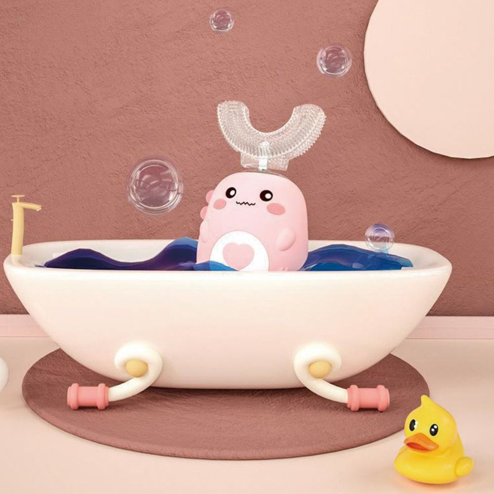 360° U-Shape Sonic Electric Toothbrush for Kids – Auto-Cleaning Silicone Toothbrush for Ages 2–12, Soft Bristles, Timer, Pink, Green & Blue