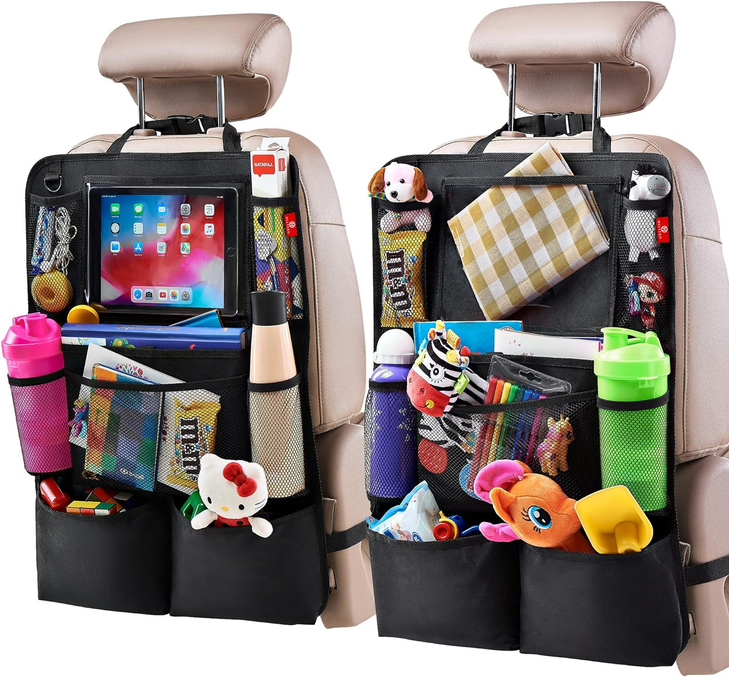 2-Pack Car Backseat Organizer with Tablet Holder – Seat Back Pocket Storage Bag for Kids, Road Trips, Headrest Mount Organizer for Cars, SUVs & Trucks