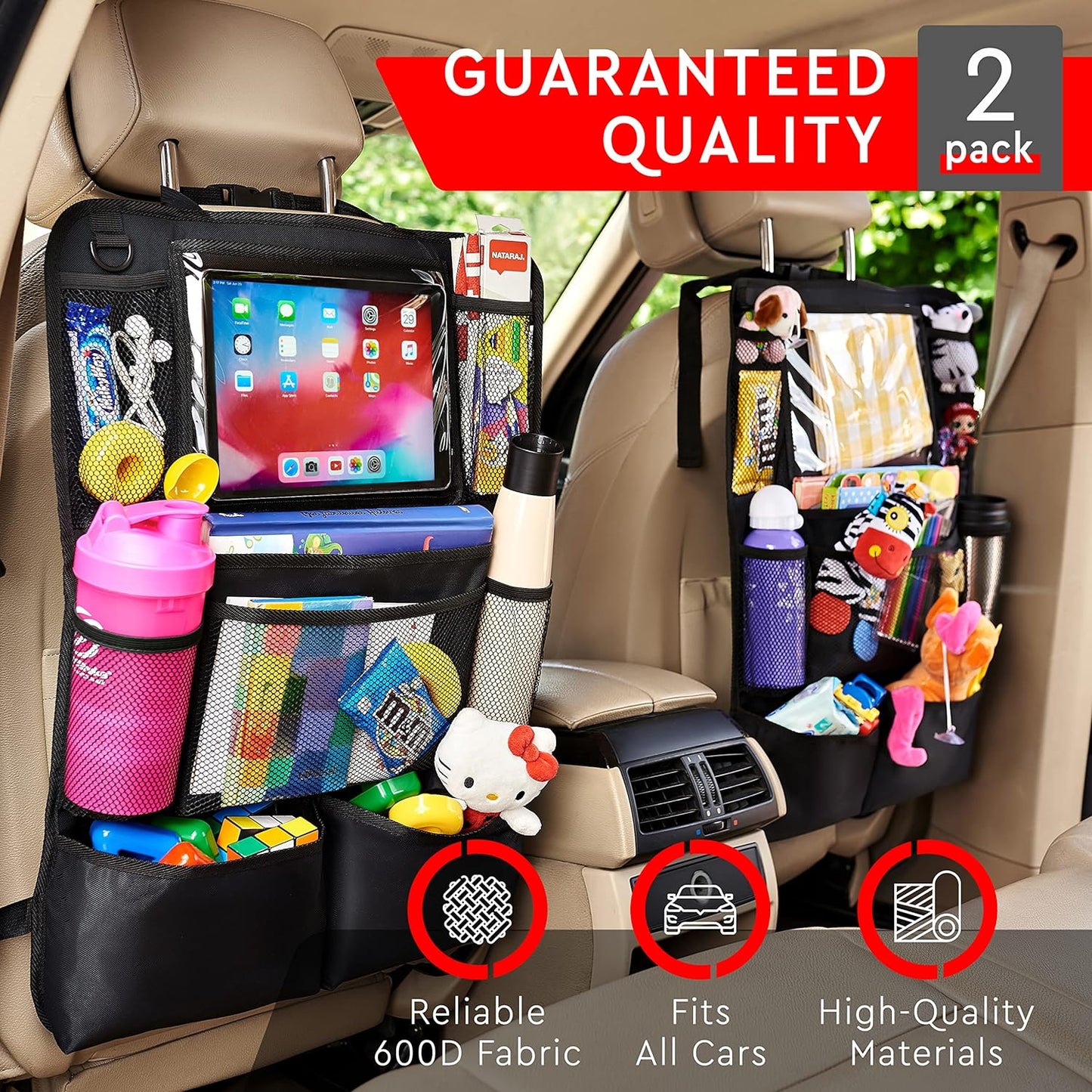 2-Pack Car Backseat Organizer with Tablet Holder – Seat Back Pocket Storage Bag for Kids, Road Trips, Headrest Mount Organizer for Cars, SUVs & Trucks