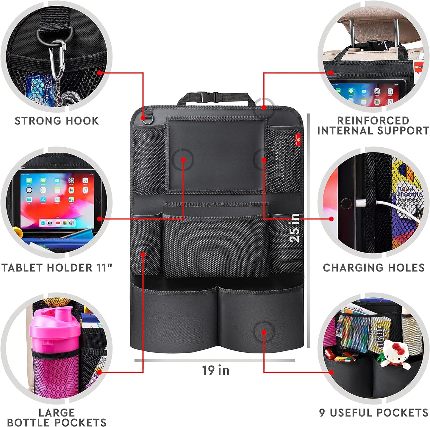 2-Pack Car Backseat Organizer with Tablet Holder – Seat Back Pocket Storage Bag for Kids, Road Trips, Headrest Mount Organizer for Cars, SUVs & Trucks
