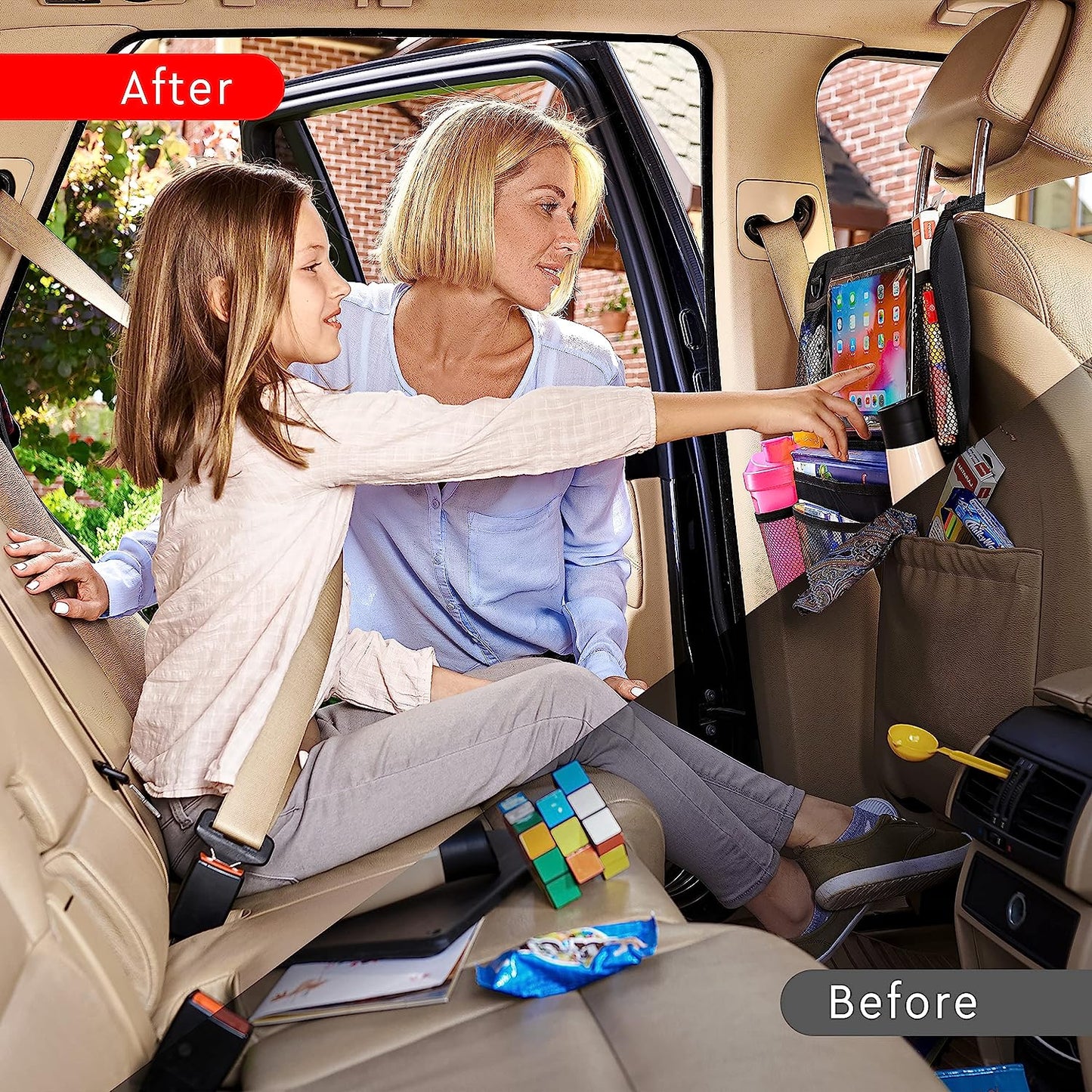 2-Pack Car Backseat Organizer with Tablet Holder – Seat Back Pocket Storage Bag for Kids, Road Trips, Headrest Mount Organizer for Cars, SUVs & Trucks