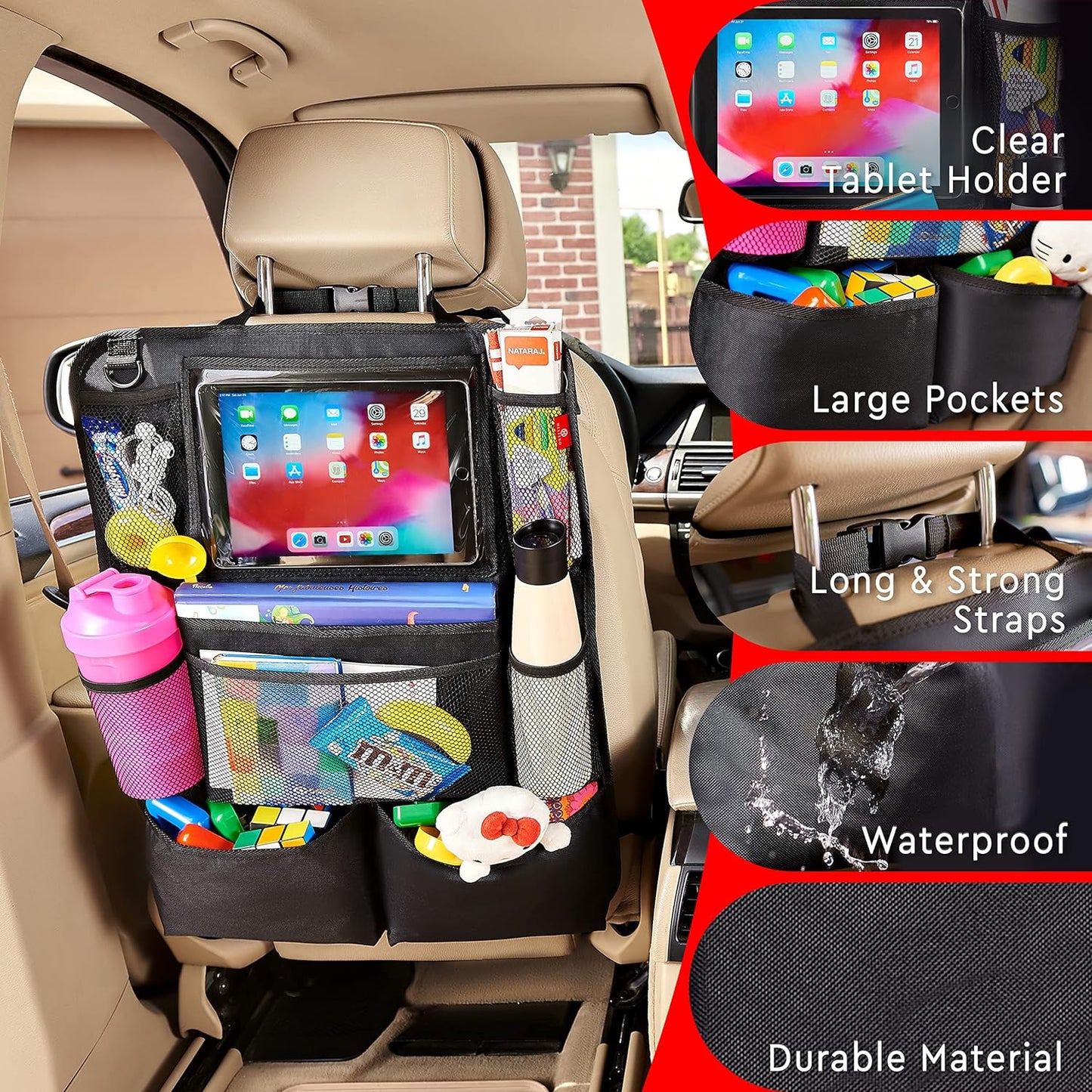 2-Pack Car Backseat Organizer with Tablet Holder – Seat Back Pocket Storage Bag for Kids, Road Trips, Headrest Mount Organizer for Cars, SUVs & Trucks