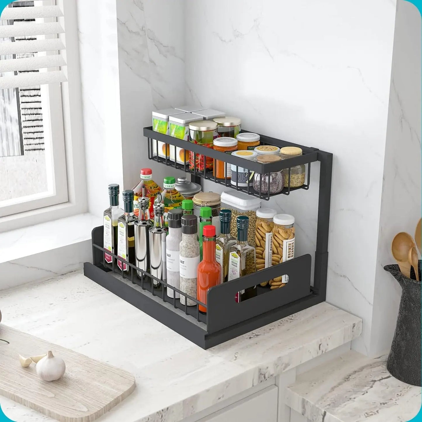 2-Tier Slide-Out Under Sink Organizer – L-Shaped Cabinet Storage Rack with Adjustable Shelves for Bathroom, Kitchen & Laundry Organization