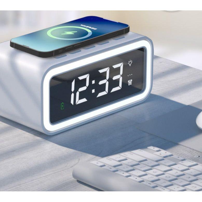 2-in-1 Digital Alarm Clock with Wireless Qi Charging Pad – LED Display Smart Bedside Clock, USB Charger Station for Smartphones, Bedroom & Office