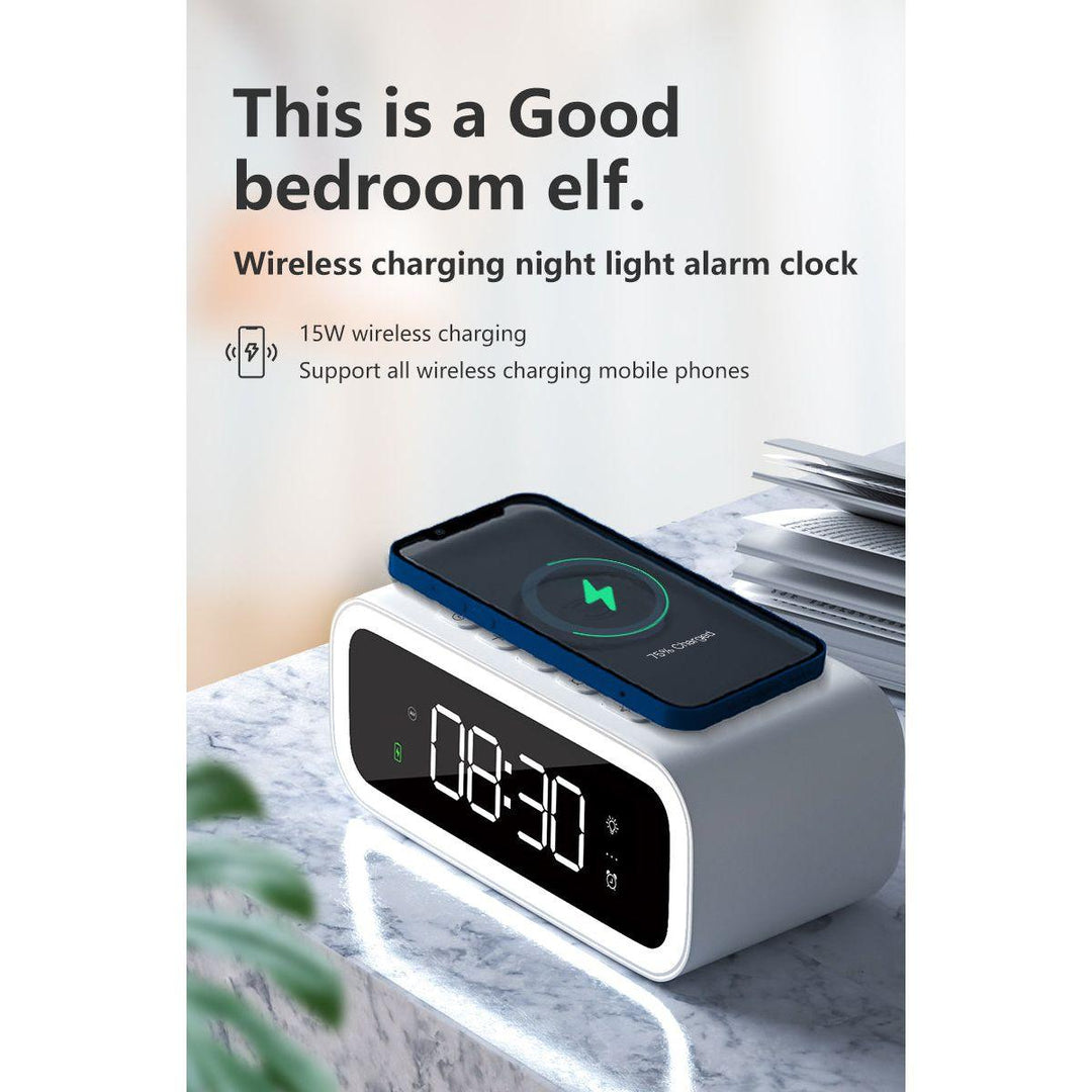 2-in-1 Digital Alarm Clock with Wireless Qi Charging Pad – LED Display Smart Bedside Clock, USB Charger Station for Smartphones, Bedroom & Office