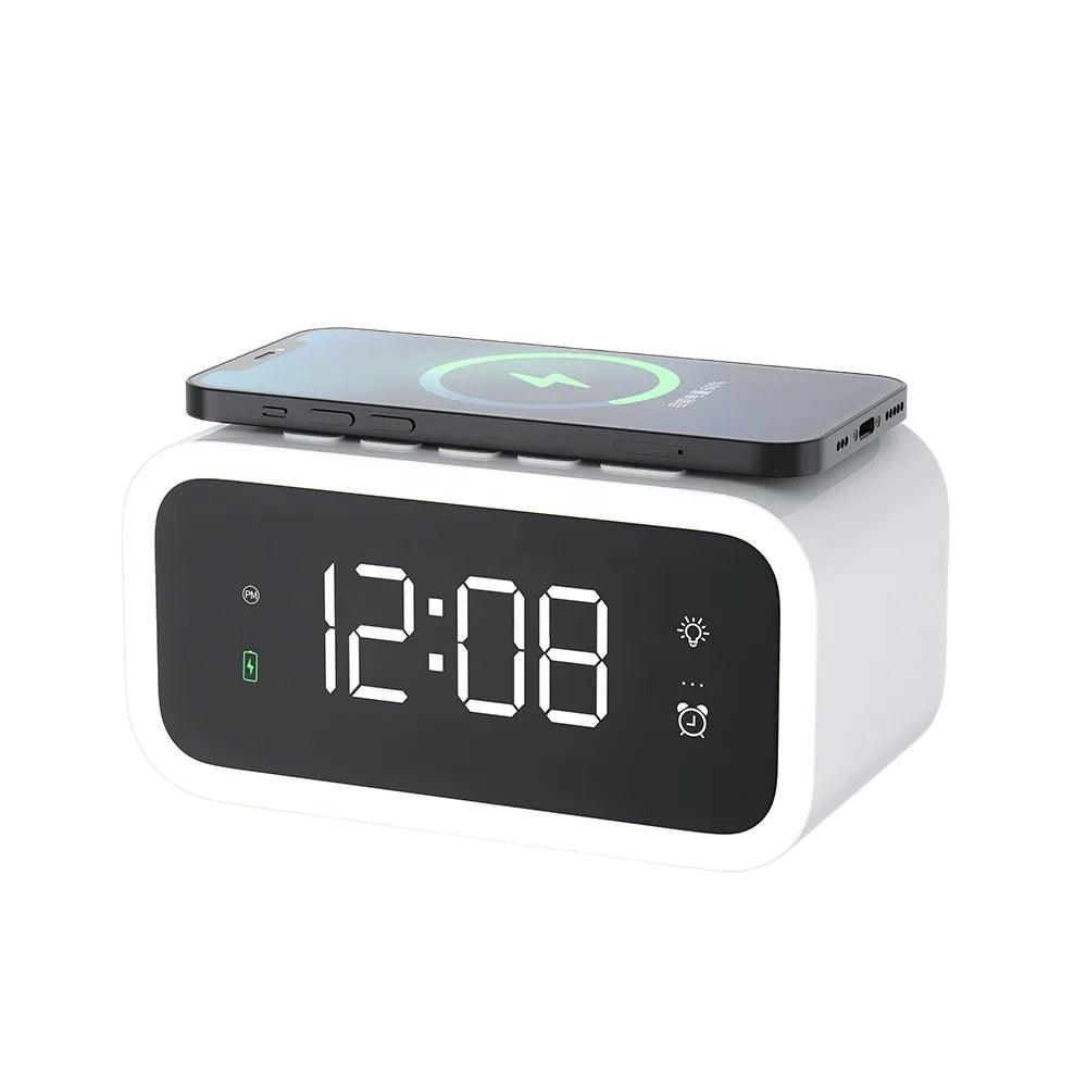 2-in-1 Digital Alarm Clock with Wireless Qi Charging Pad – LED Display Smart Bedside Clock, USB Charger Station for Smartphones, Bedroom & Office