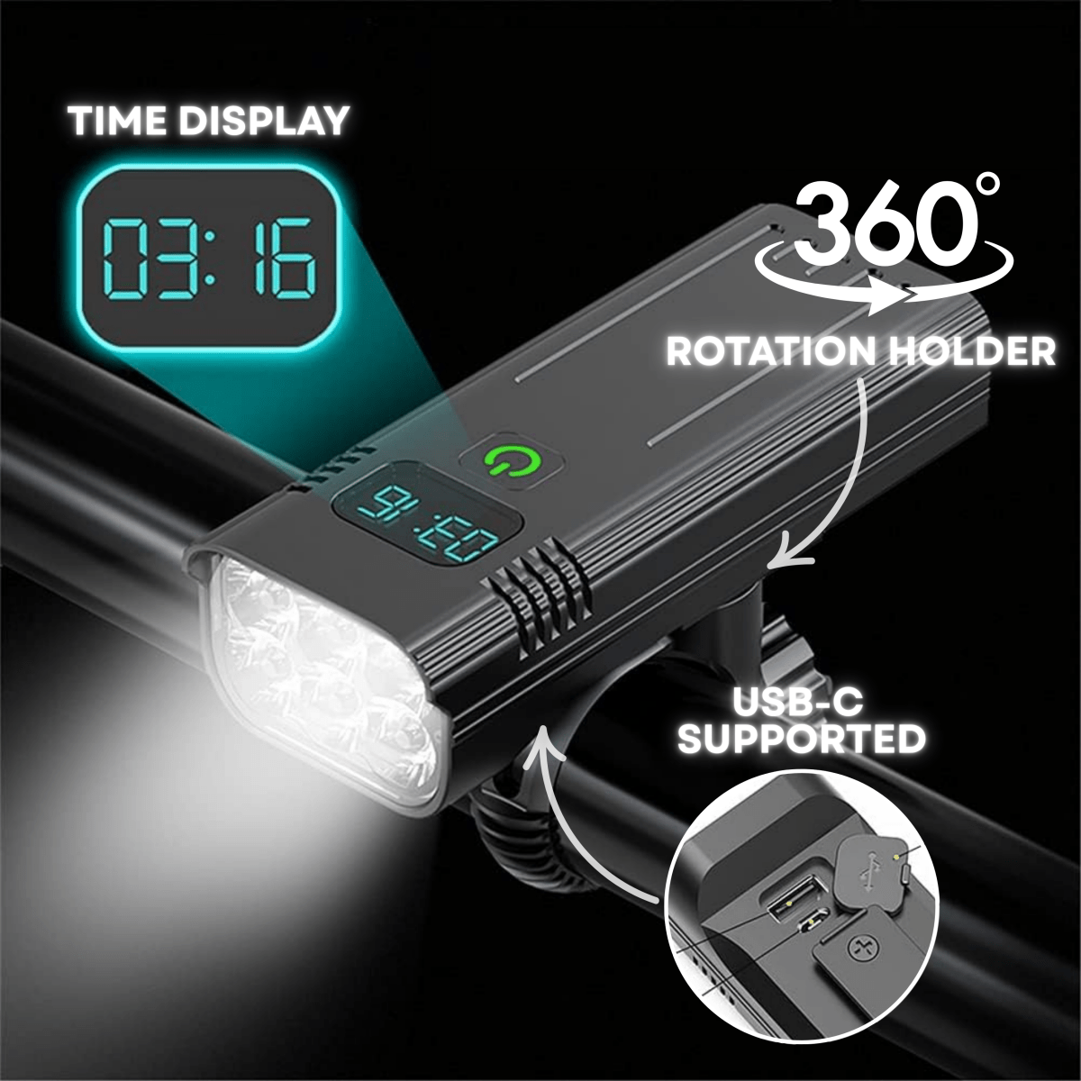 5000 Lumen Bike Light with 12 LEDs & USB-C Rechargeable Battery