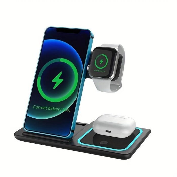 3-in-1 Foldable Magnetic Wireless Charging Station – Portable Qi Charger for Smartphones, Smartwatch & Wireless Earbuds, Compact Travel Pad