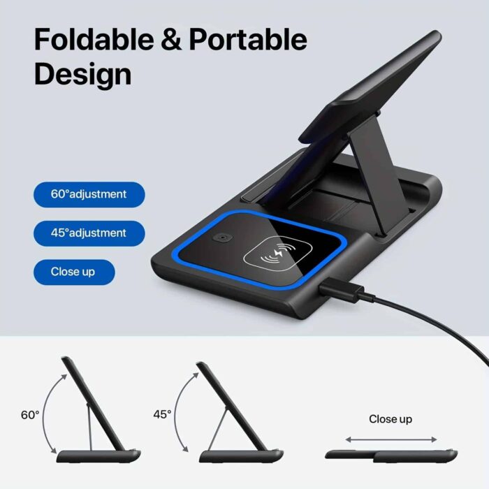 3-in-1 Foldable Magnetic Wireless Charging Station – Portable Qi Charger for Smartphones, Smartwatch & Wireless Earbuds, Compact Travel Pad
