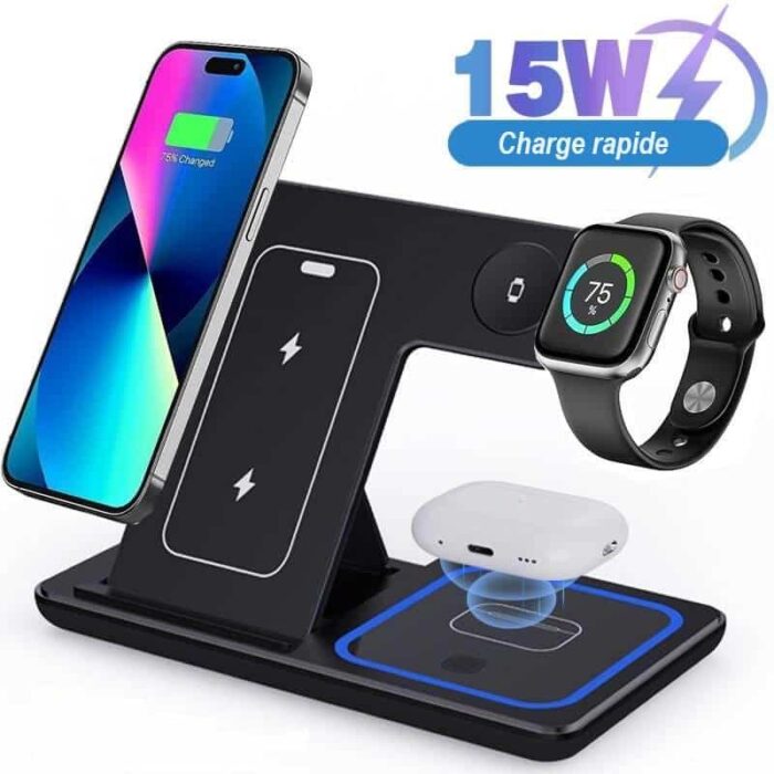 3-in-1 Foldable Magnetic Wireless Charging Station – Portable Qi Charger for Smartphones, Smartwatch & Wireless Earbuds, Compact Travel Pad
