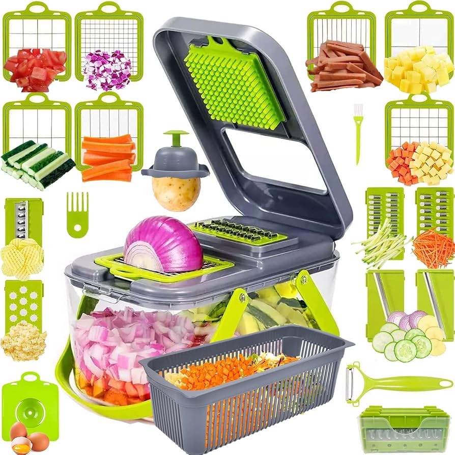 18-in-1 Mandoline Vegetable Slicer with Container – Multi-Blade Food Chopper Dicer Grater with Safety Grip for Fast Meal Prep, Salads & Cooking